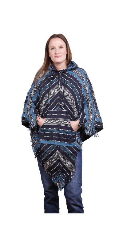 Woven Hooded Poncho - Navy Stripe