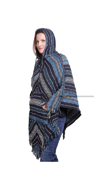 Woven Hooded Poncho - Navy Stripe