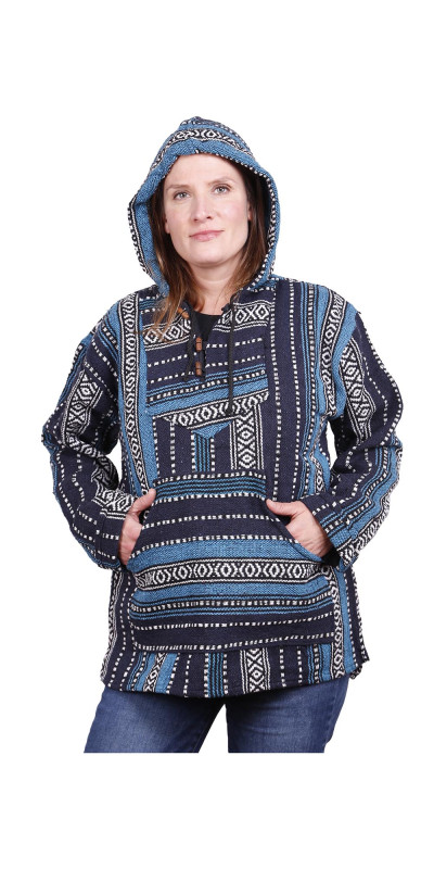 Woven Baja Style Hoodie Pullover Navy Stripe