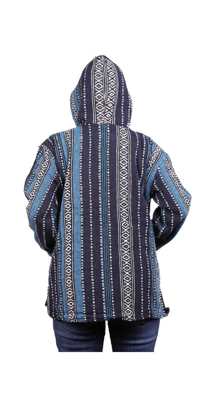 Woven Baja Style Hoodie Pullover Navy Stripe