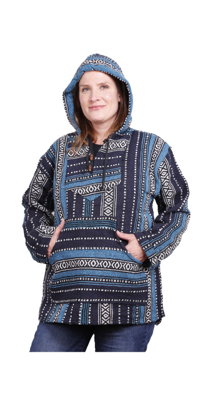 Woven Baja Style Hoodie Pullover Navy Stripe