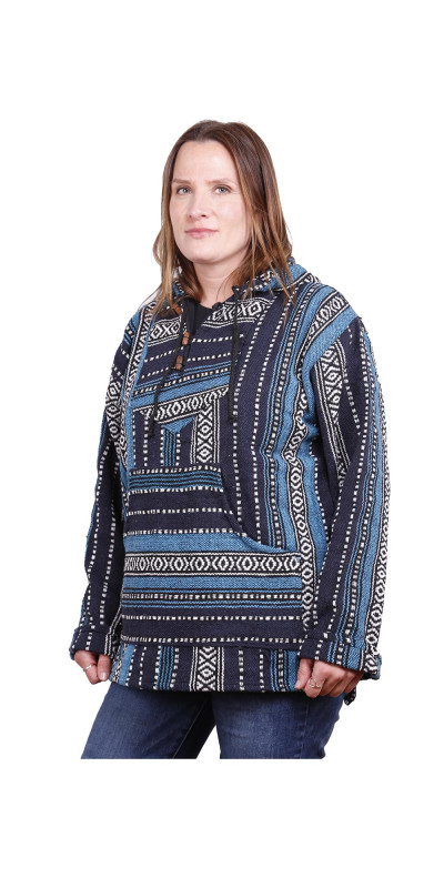 Woven Baja Style Hoodie Pullover Navy Stripe