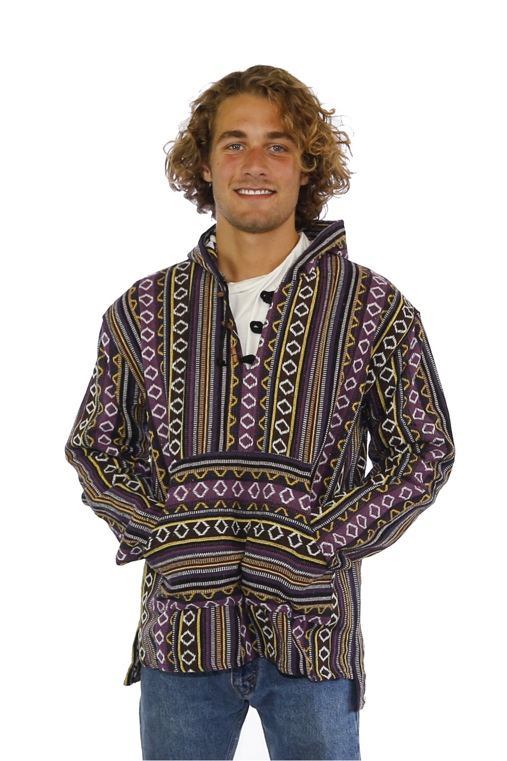 Woven Baja Style Hoodie Pullover Purple/Gold 