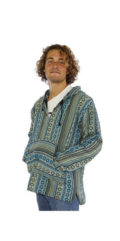Woven Baja Style Hoodie Pullover Turquoise