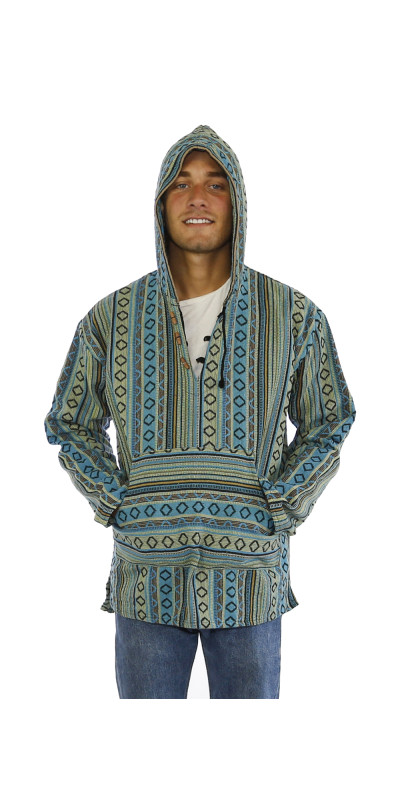Woven Baja Style Hoodie Pullover Turquoise