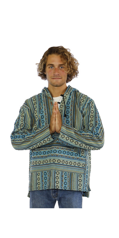 Woven Baja Style Hoodie Pullover Turquoise