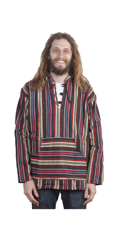 Woven Baja Style Hoodie Pullover Multi Stripe
