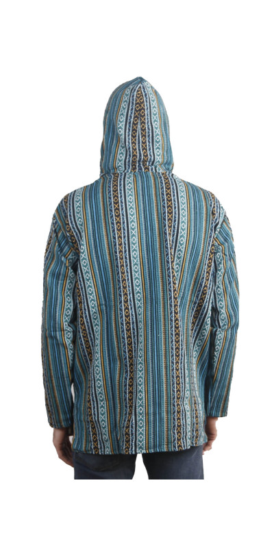 Woven Baja Style Hoodie Pullover Blue Stripe L XL 2X only