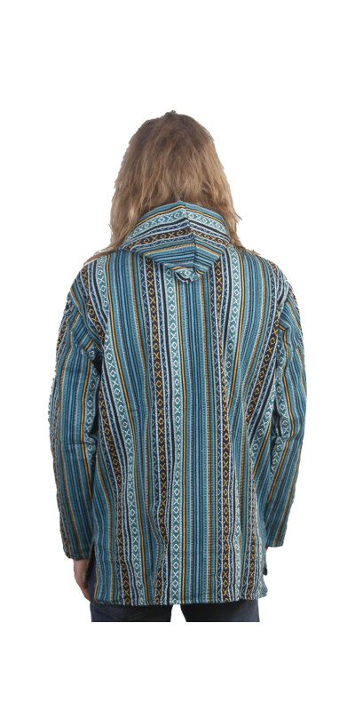 Woven Baja Style Hoodie Pullover Blue Stripe L XL 2X only
