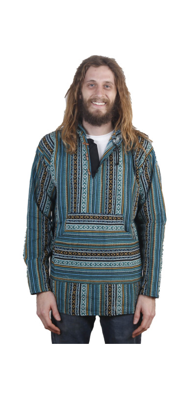 Woven Baja Style Hoodie Pullover Blue Stripe L XL 2X only
