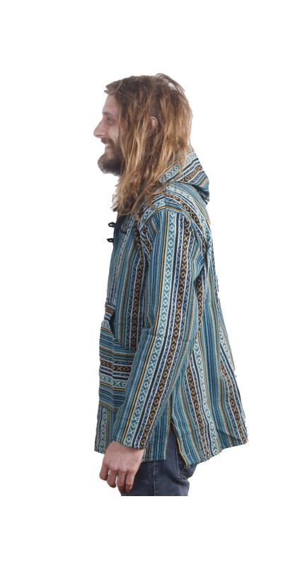 Woven Baja Style Hoodie Pullover Blue Stripe L XL 2X only