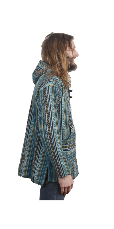 Woven Baja Style Hoodie Pullover Blue Stripe L XL 2X only