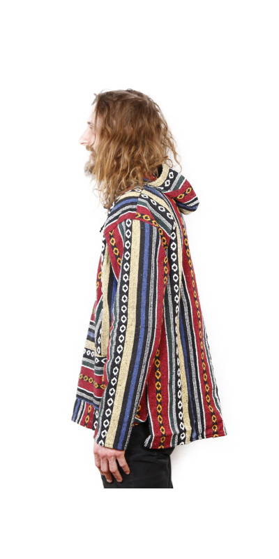 Woven Baja Style Hoodie Pullover Red/Blue