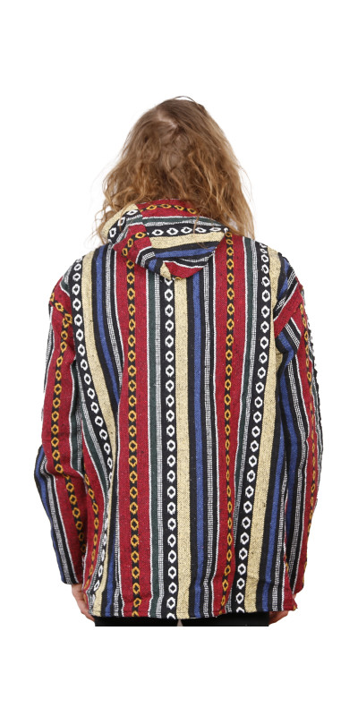 Woven Baja Style Hoodie Pullover Red/Blue