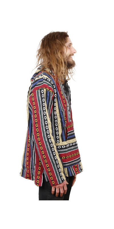 Woven Baja Style Hoodie Pullover Red/Blue