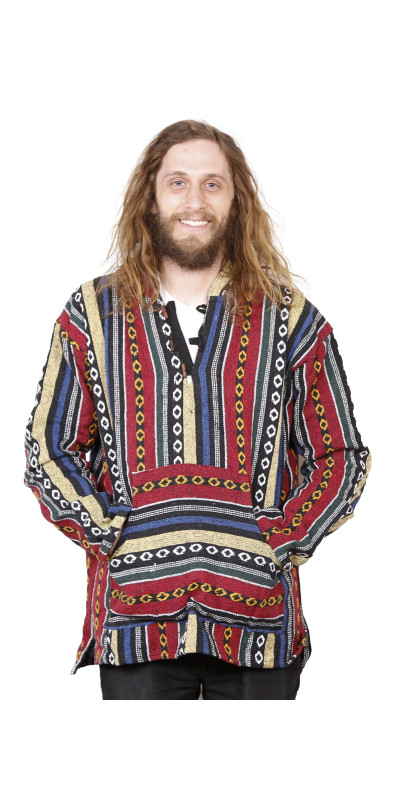 Woven Baja Style Hoodie Pullover Red/Blue