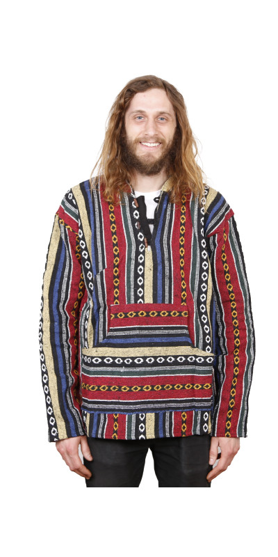 Woven Baja Style Hoodie Pullover Red/Blue