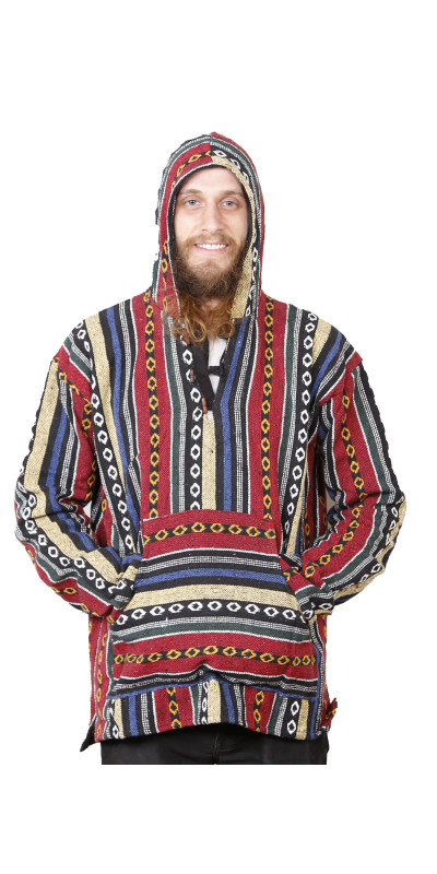 Woven Baja Style Hoodie Pullover Red/Blue
