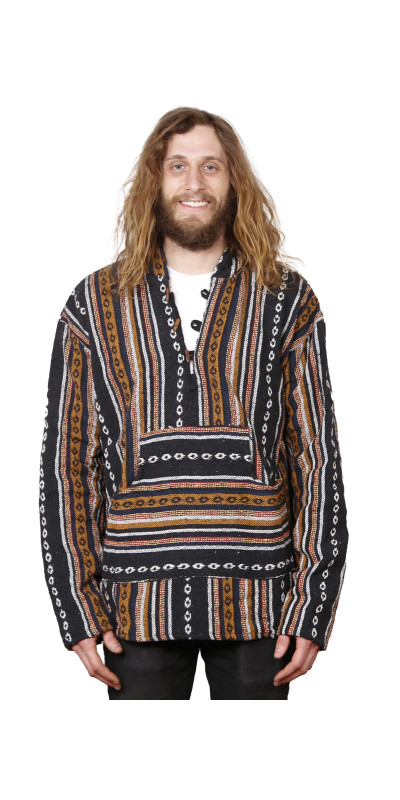 Woven Baja Style Hoodie Pullover Black/Brown L, XL 2X only