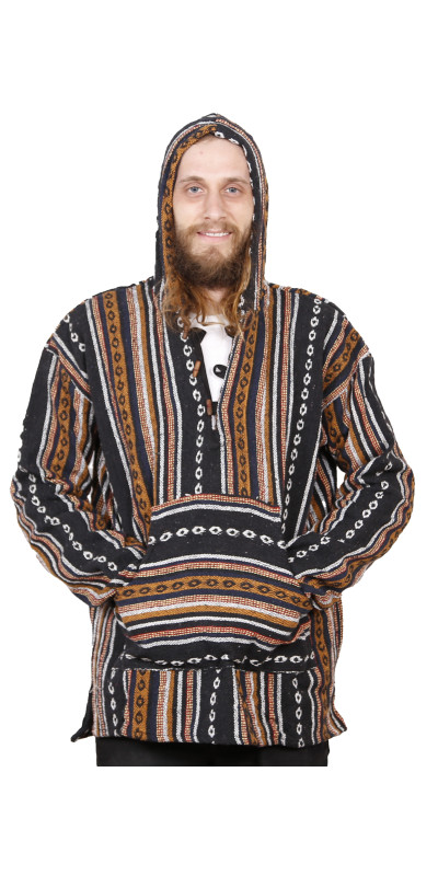 Woven Baja Style Hoodie Pullover Black/Brown L, XL 2X only
