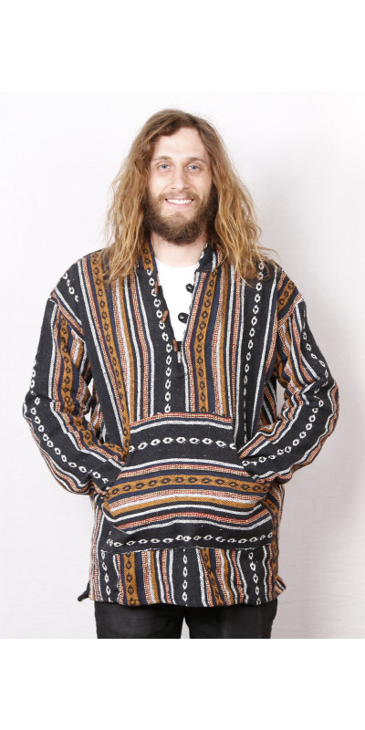 Woven Baja Style Hoodie Pullover Black/Brown L, XL 2X only