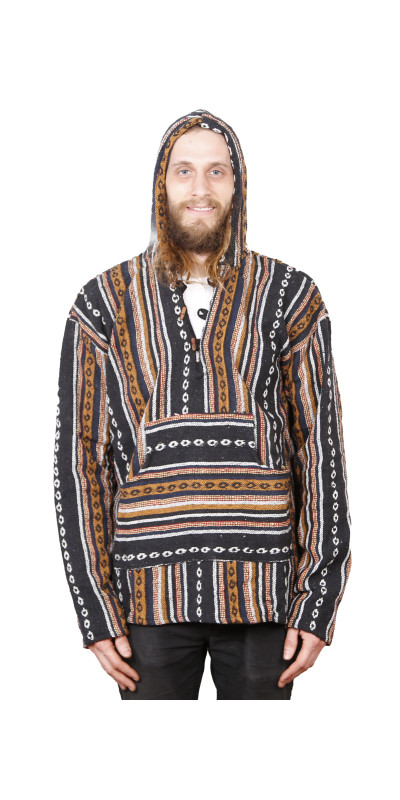 Woven Baja Style Hoodie Pullover Black/Brown L, XL 2X only