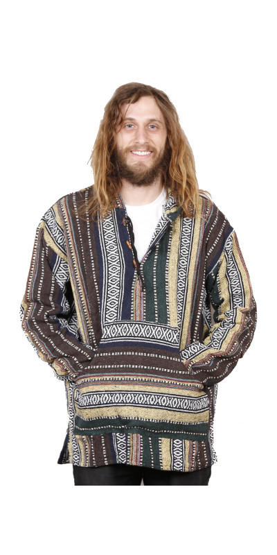 Woven Baja Style Hoodie Pullover Earth Stripe