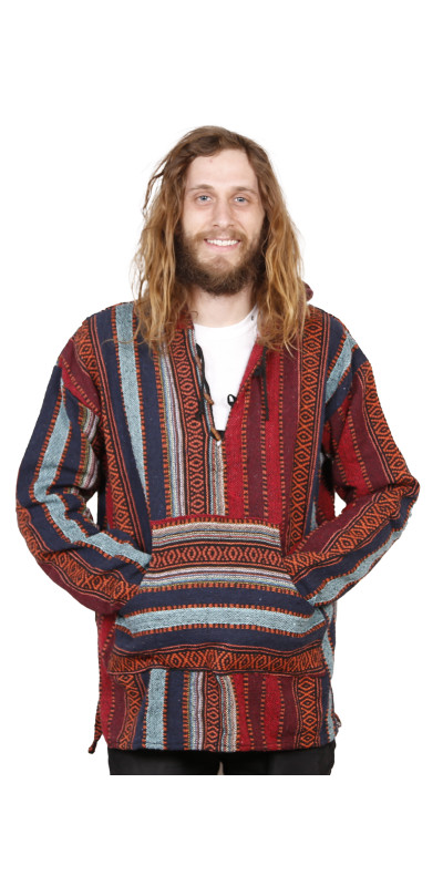 Woven Baja Style Hoodie Pullover Brick Stripe L 2X ONLY