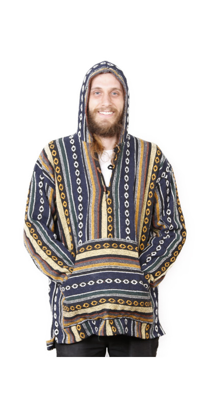 Woven Baja Style Hoodie Pullover Blue/Grey L 2X ONLY
