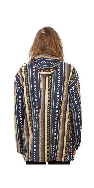 Woven Baja Style Hoodie Pullover Blue/Grey L 2X ONLY