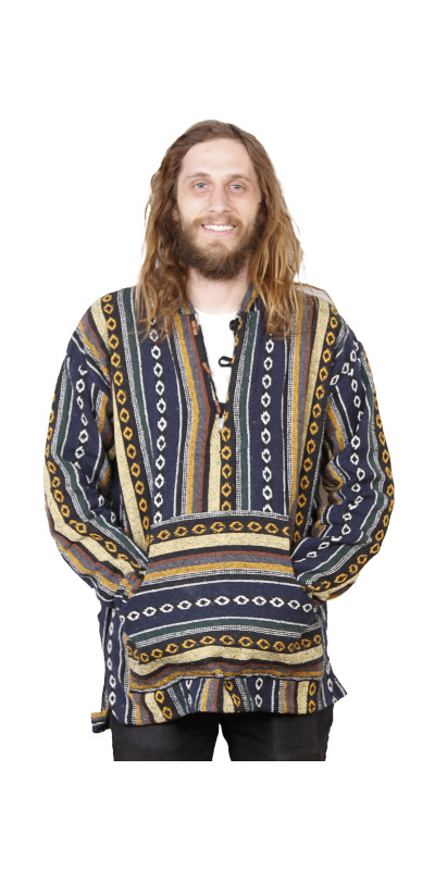 Woven Baja Style Hoodie Pullover Blue/Grey L 2X ONLY