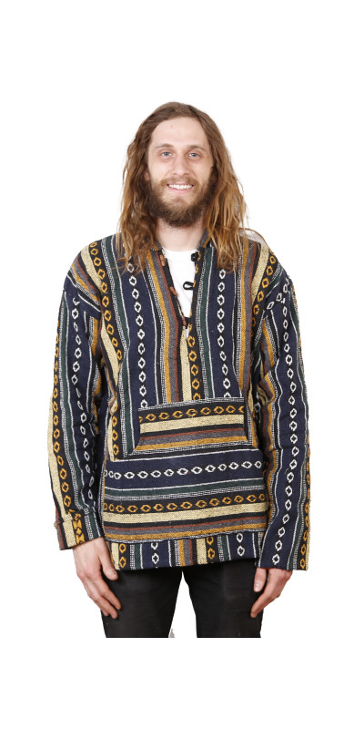 Woven Baja Style Hoodie Pullover Blue/Grey L 2X ONLY