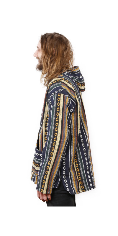 Woven Baja Style Hoodie Pullover Blue/Grey L 2X ONLY