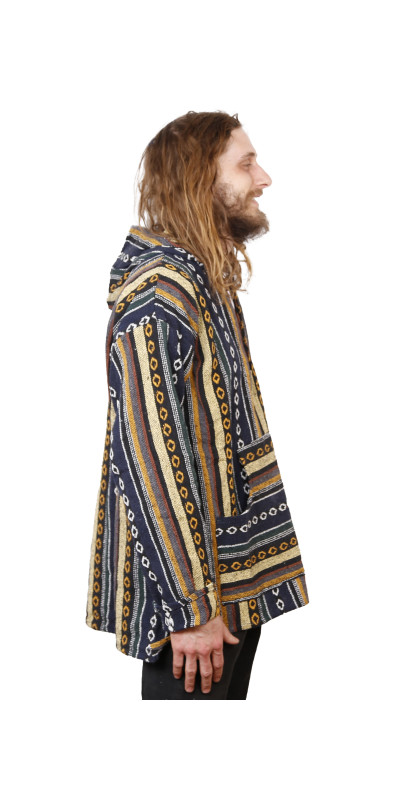 Woven Baja Style Hoodie Pullover Blue/Grey L 2X ONLY
