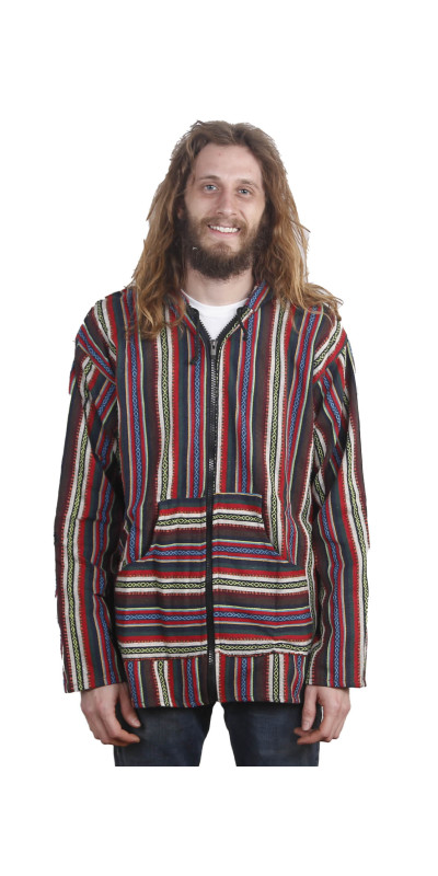 Woven Baja Style Hoodie Zip Up Multi Stripe LARGE ONLY