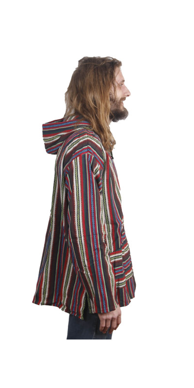Woven Baja Style Hoodie Zip Up Multi Stripe LARGE ONLY