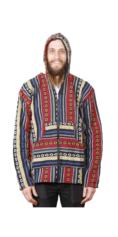 Woven Baja Style Hoodie Zip Up Red/Blue S L ONLY