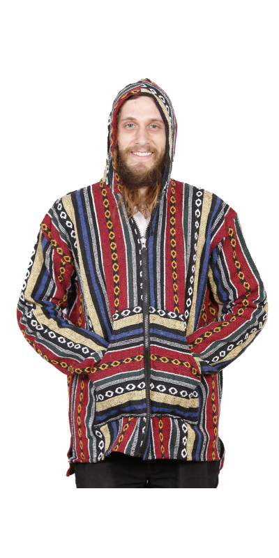 Woven Baja Style Hoodie Zip Up Red/Blue S L ONLY