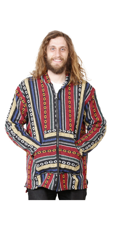 Woven Baja Style Hoodie Zip Up Red/Blue S L ONLY