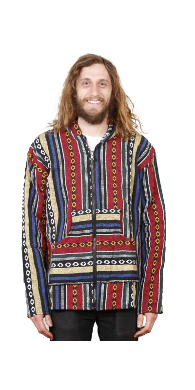 Woven Baja Style Hoodie Zip Up Red/Blue S L ONLY
