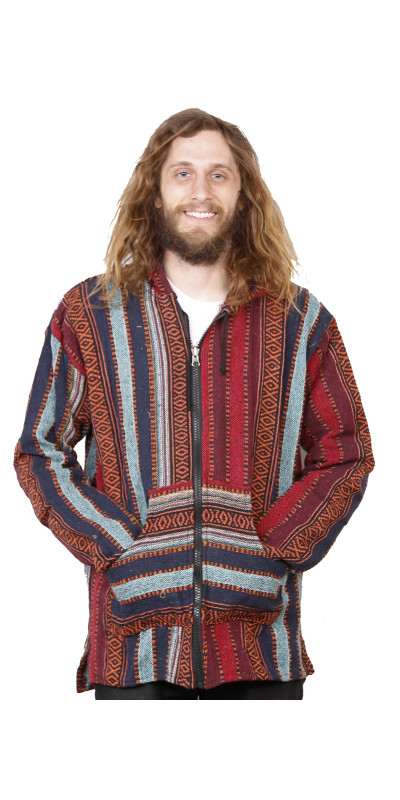 Woven Baja Style Hoodie Zip Up Brick Stripe L XL ONLY