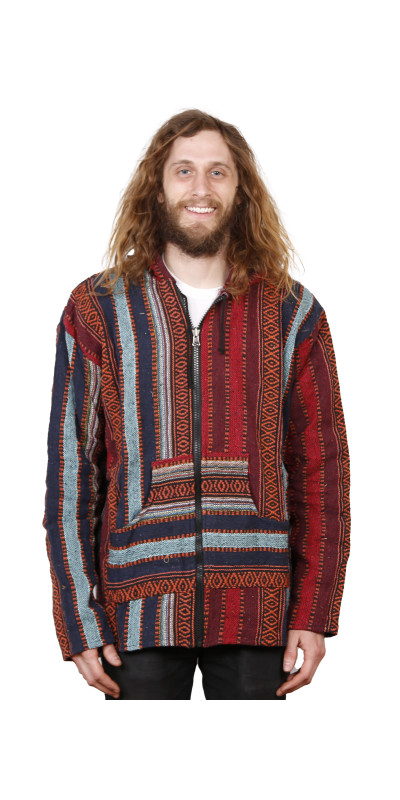 Woven Baja Style Hoodie Zip Up Brick Stripe L XL ONLY