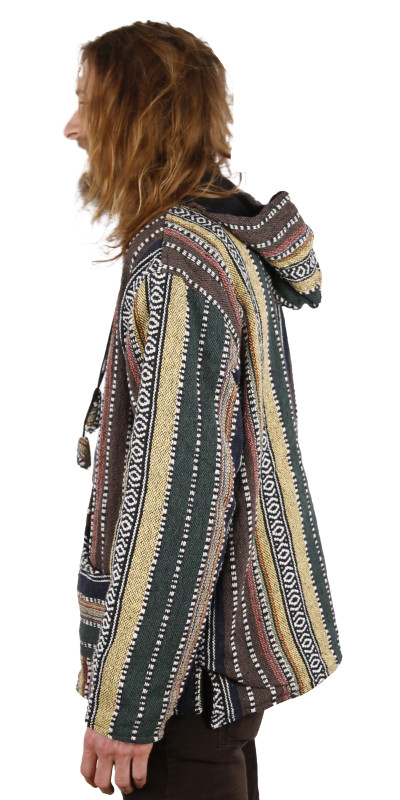 Reversible Fleece Lined Woven Baja Style Hoodie Zip Up Earth Stripe