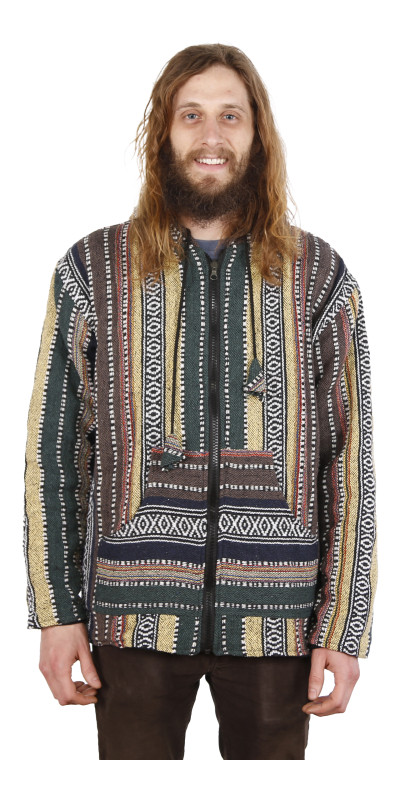 Reversible Fleece Lined Woven Baja Style Hoodie Zip Up Earth Stripe