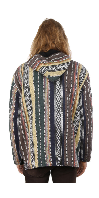 Reversible Fleece Lined Woven Baja Style Hoodie Zip Up Earth Stripe