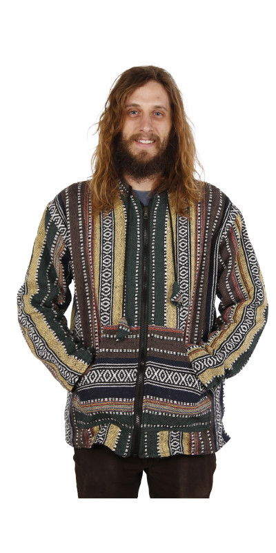 Reversible Fleece Lined Woven Baja Style Hoodie Zip Up Earth Stripe