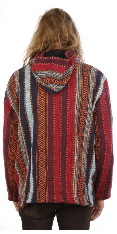 Reversible Fleece Lined Woven Baja Style Hoodie Zip Up Brick Stripe