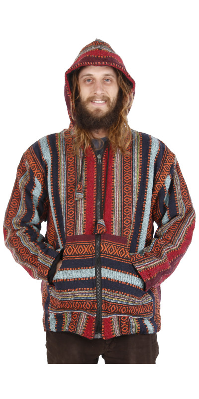 Reversible Fleece Lined Woven Baja Style Hoodie Zip Up Brick Stripe