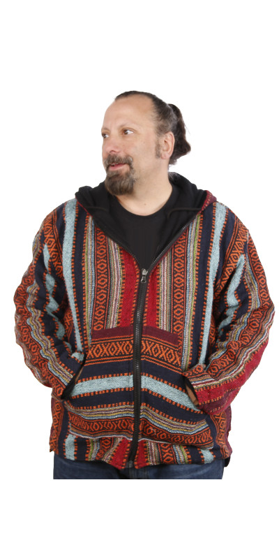 Reversible Fleece Lined Woven Baja Style Hoodie Zip Up Brick Stripe