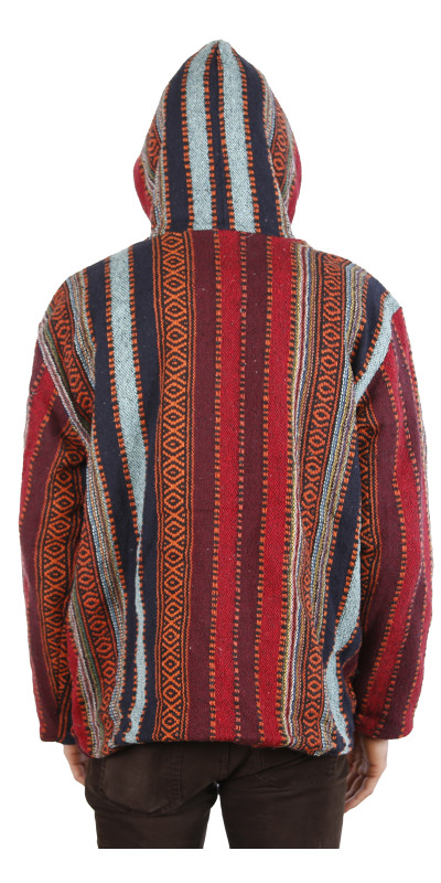 Reversible Fleece Lined Woven Baja Style Hoodie Zip Up Brick Stripe